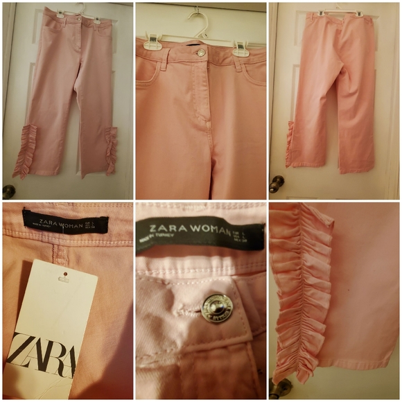 NWT / ZARA- Pink Barbie Core Capri Ruffle A Line Pants- Large - Picture 1 of 14